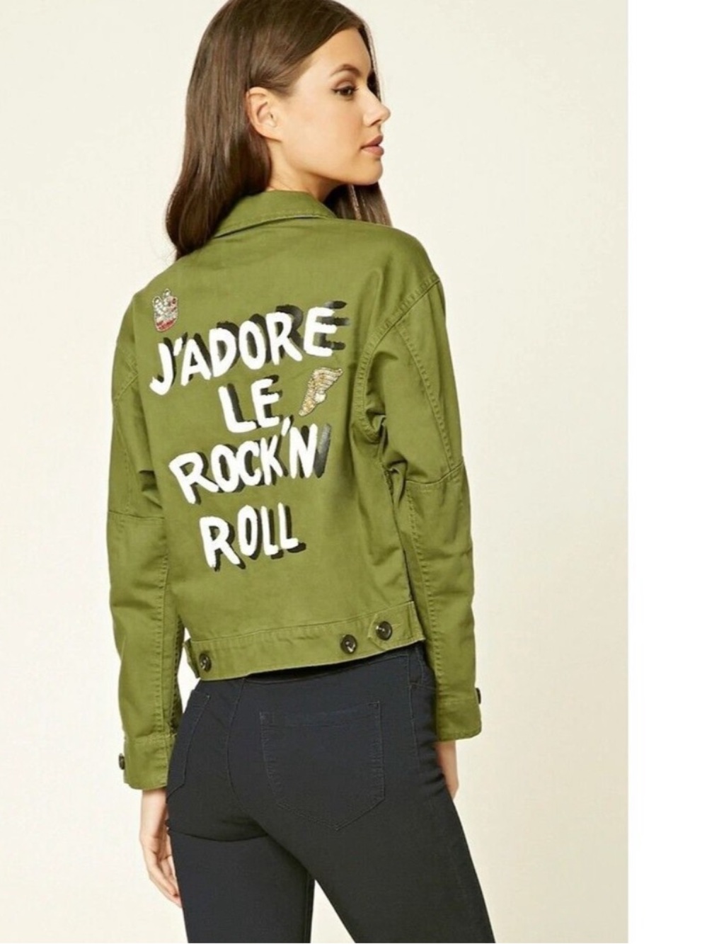 Forever 21 Olive Military Jacket with White Back Graphic